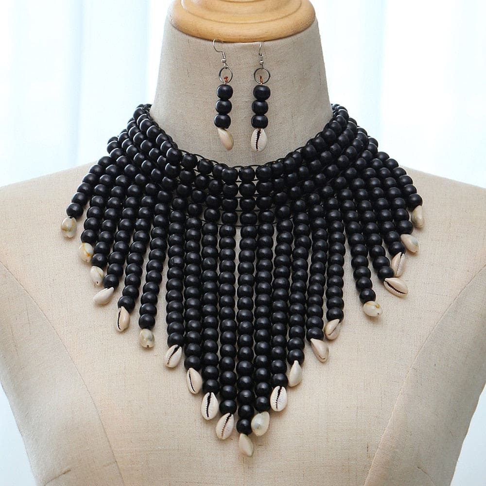 African Tribal Shell Choker Necklace & Earrings Set - Floral Fawna