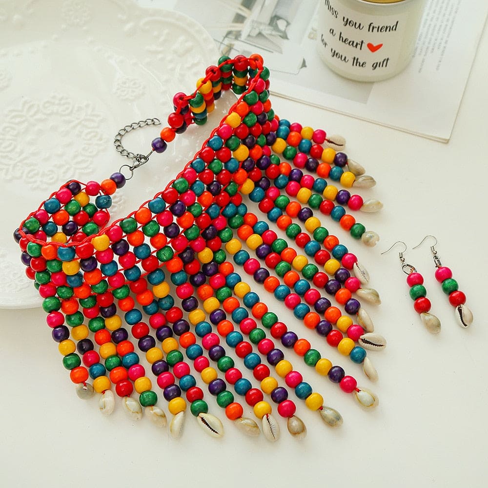 African Tribal Shell Choker Necklace & Earrings Set - Floral Fawna