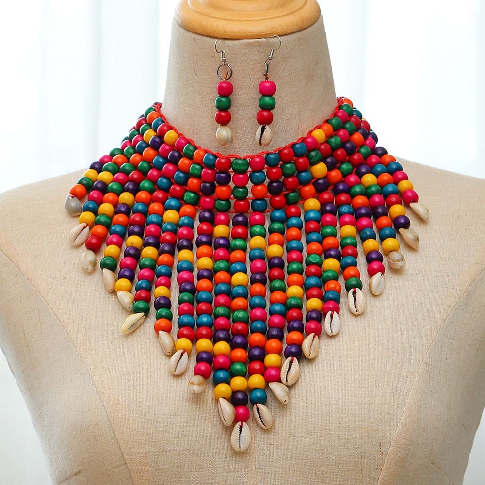 African Tribal Shell Choker Necklace & Earrings Set - Floral Fawna