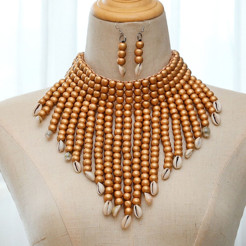 African Tribal Shell Choker Necklace & Earrings Set - Floral Fawna