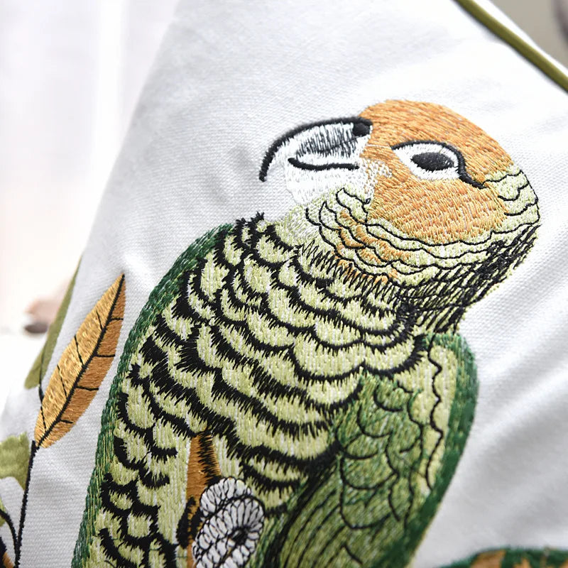 Parrot Embroidered Cushion Cover