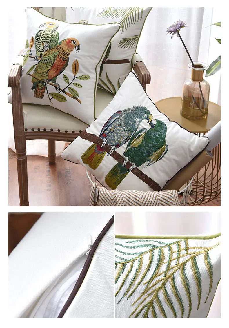 Parrot Embroidered Cushion Cover