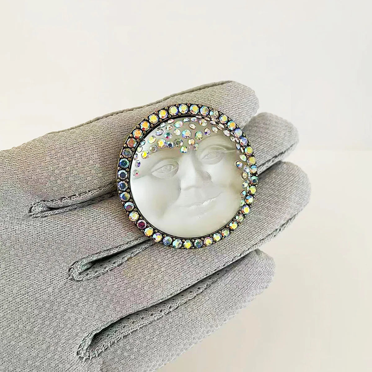 Rhinestone Moon Face Brooch - Floral Fawna