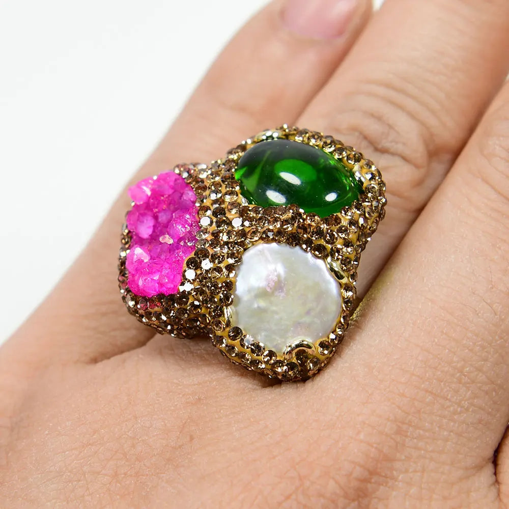 Pearl & Agate Druzy Ring - Floral Fawna
