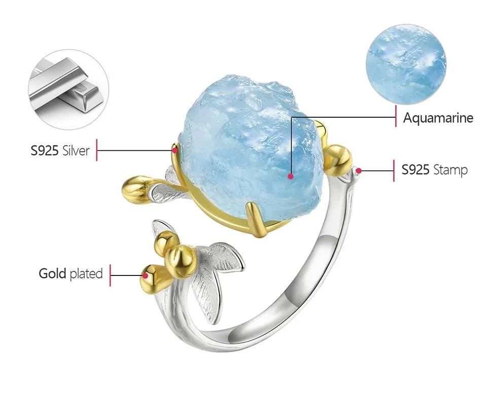 Sterling Silver Aquamarine Flower Ring - Floral Fawna