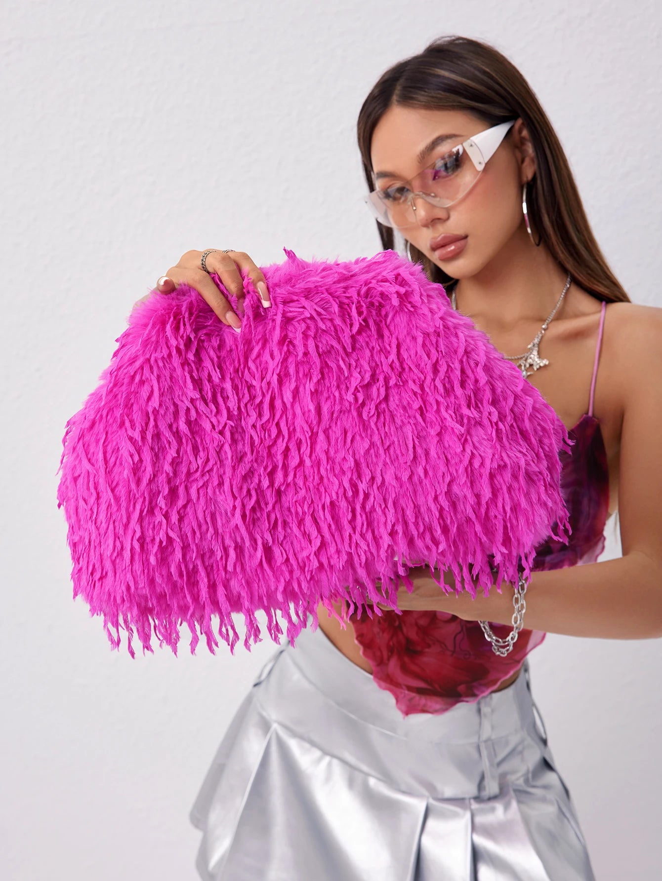 Oversized Faux Feather Clutch Bag