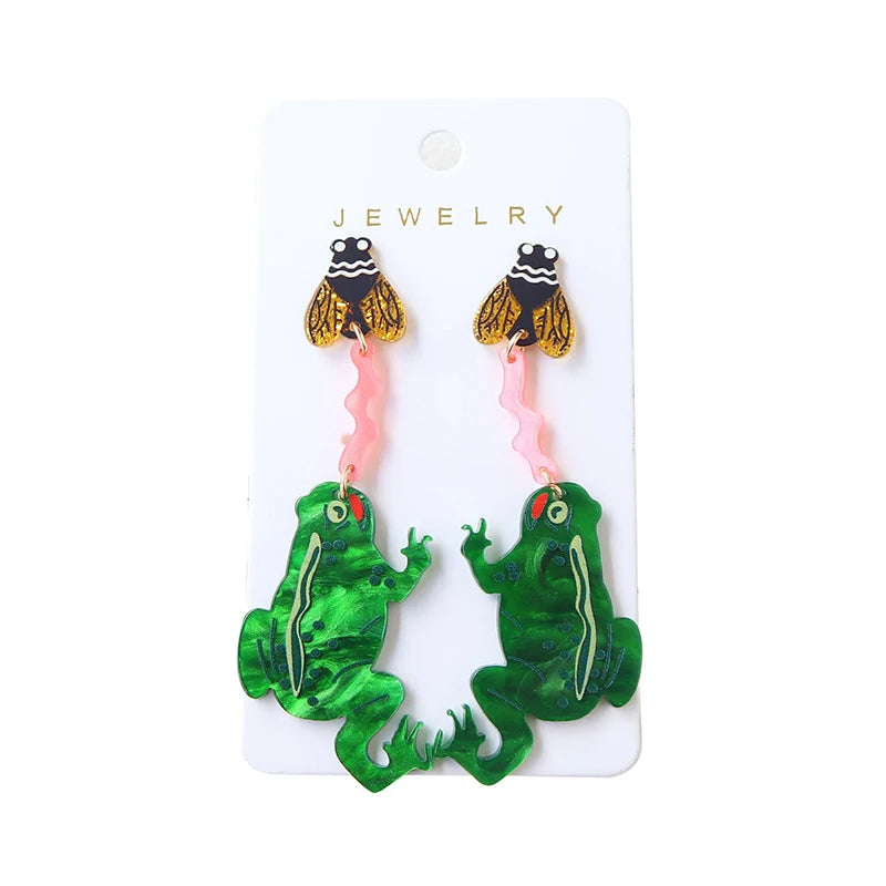 Frogs Catching Bees Acrylic Earrings - Floral Fawna
