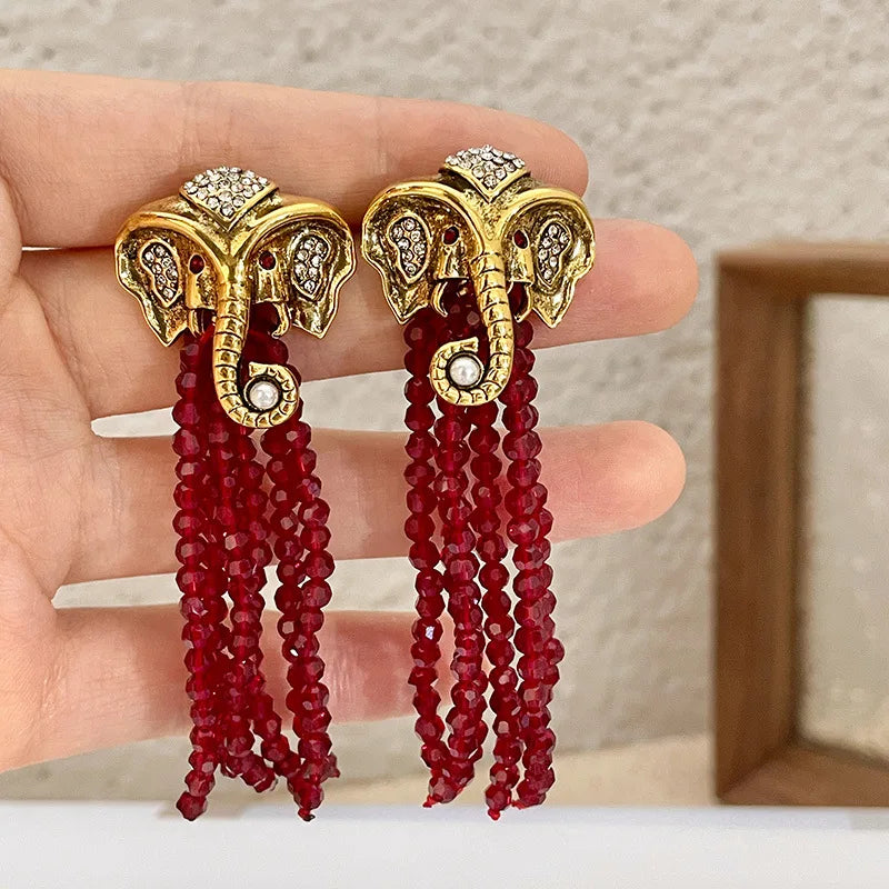 Gold Elephant Tassel Earrings - Floral Fawna