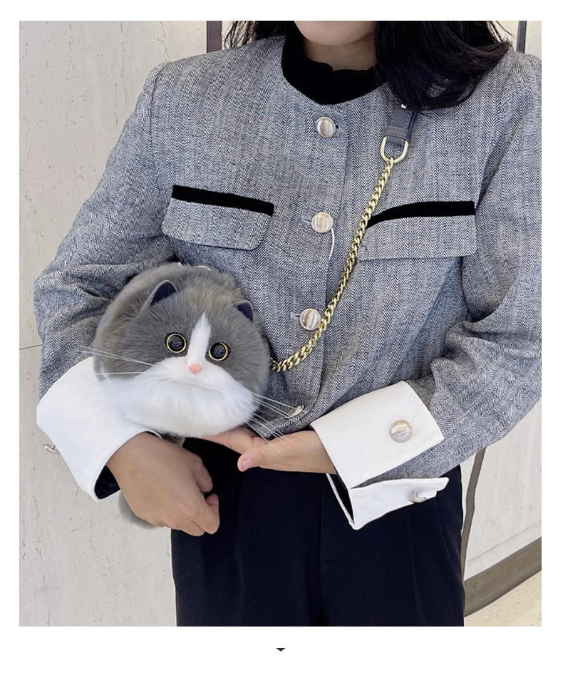 Realistic Grey and White Faux Fur Cat Bag - Floral Fawna