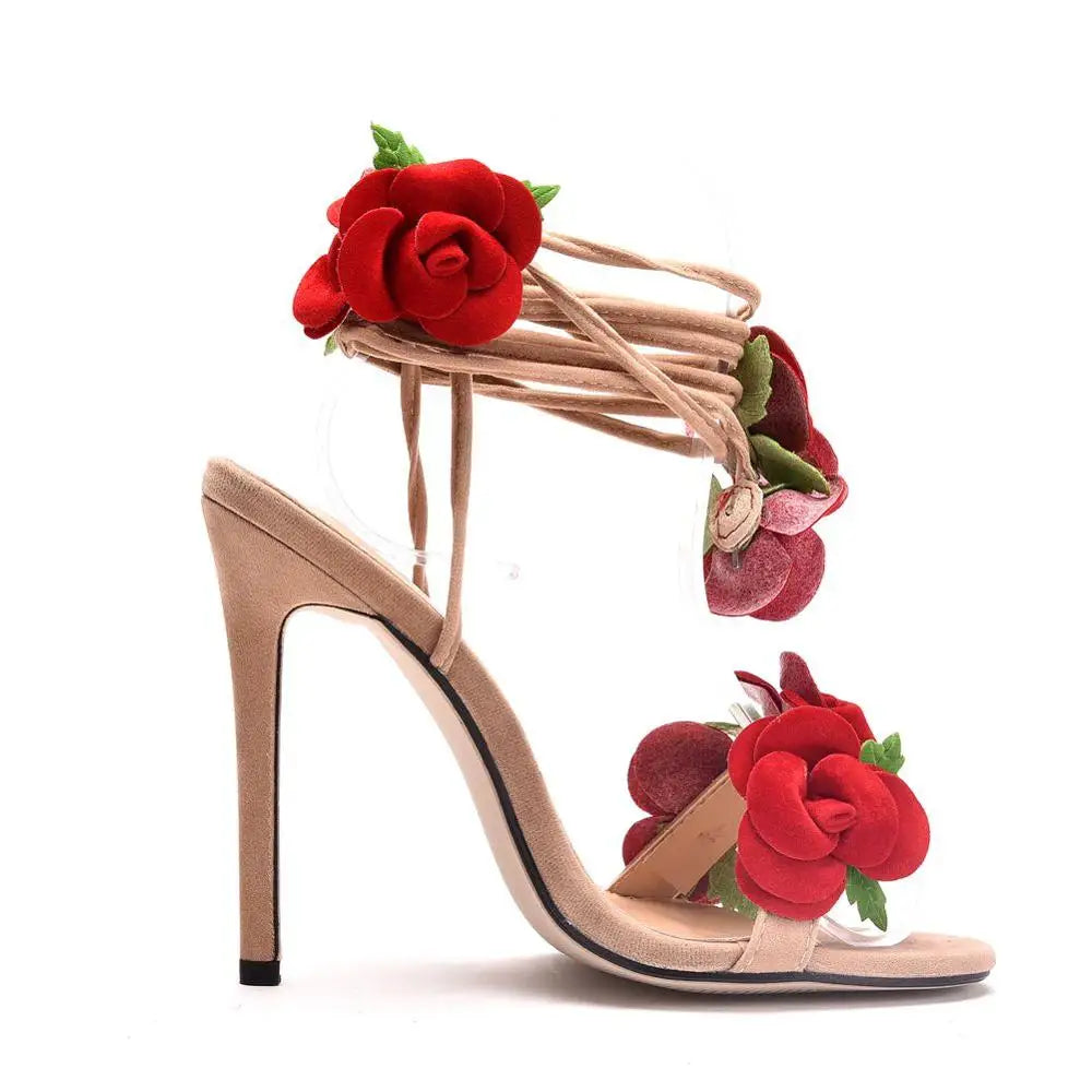 Rose Lace Up Stilettos - Floral Fawna