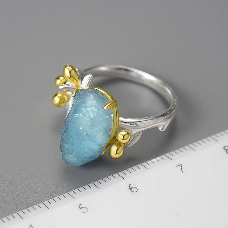 Sterling Silver Aquamarine Flower Ring - Floral Fawna