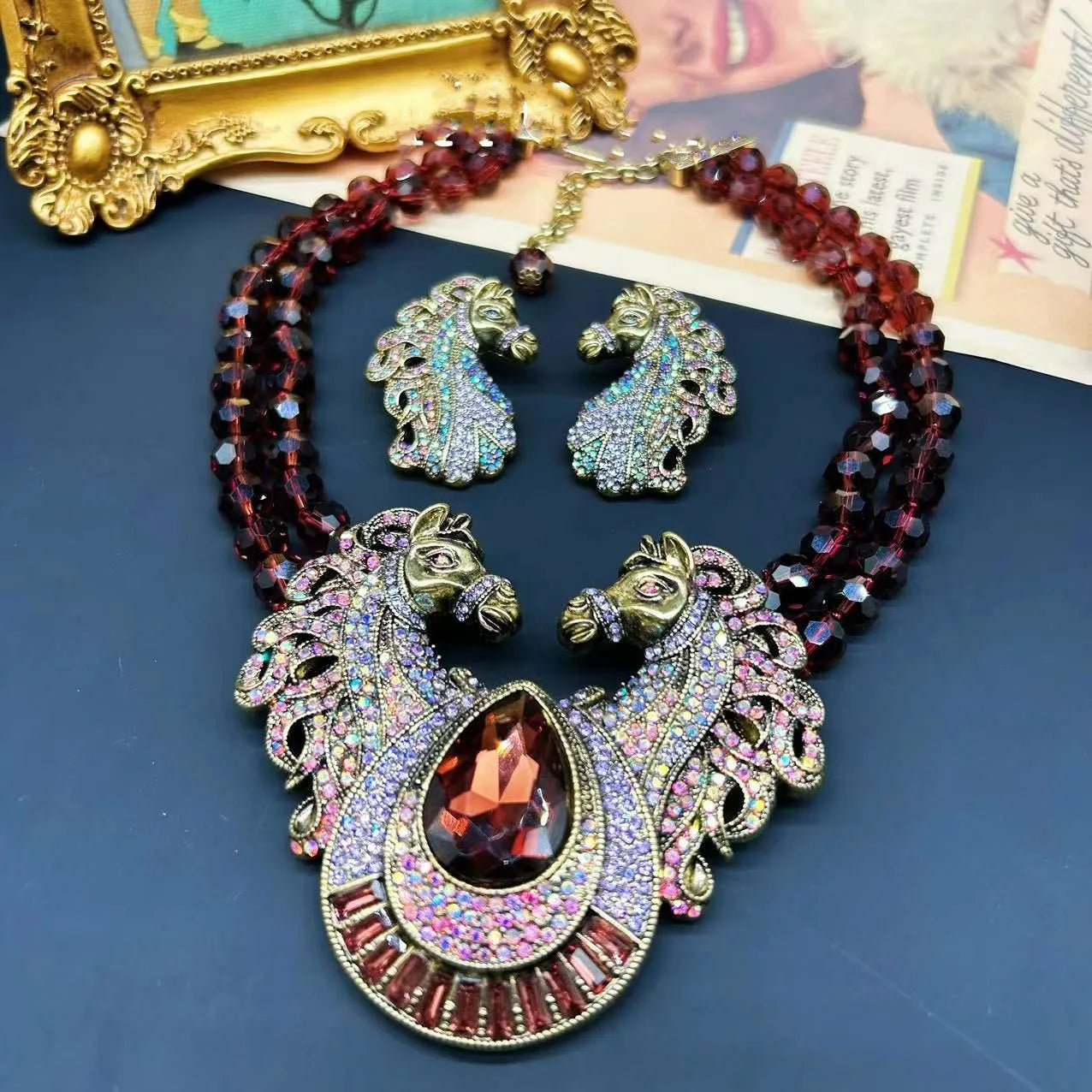 Two Headed Horse Statement Jewellery Set - Floral Fawna