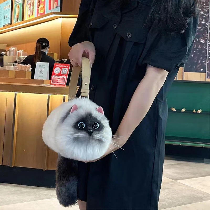 Realistic Faux Fur Siamese Cat Bag - Floral Fawna
