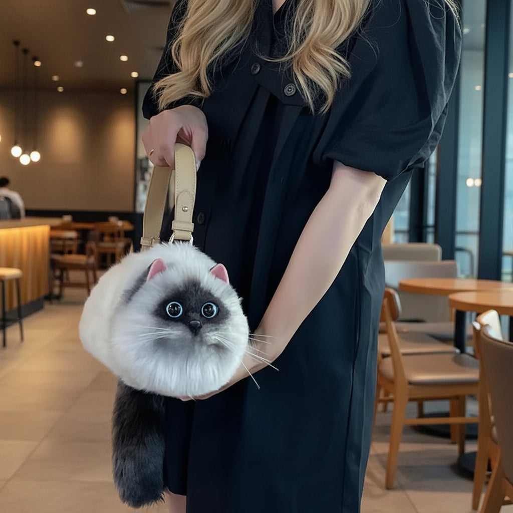 Realistic Faux Fur Siamese Cat Bag - Floral Fawna