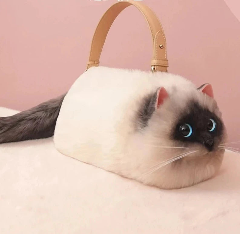 Realistic Faux Fur Siamese Cat Bag - Floral Fawna