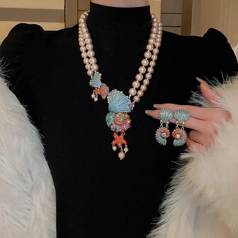 Rhinestone Shell & Starfish Double Pearl Necklace & Rhinestone Sea Shell & Ammonite Earrings Set - Floral Fawna