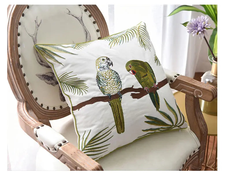 Parrot Embroidered Cushion Cover