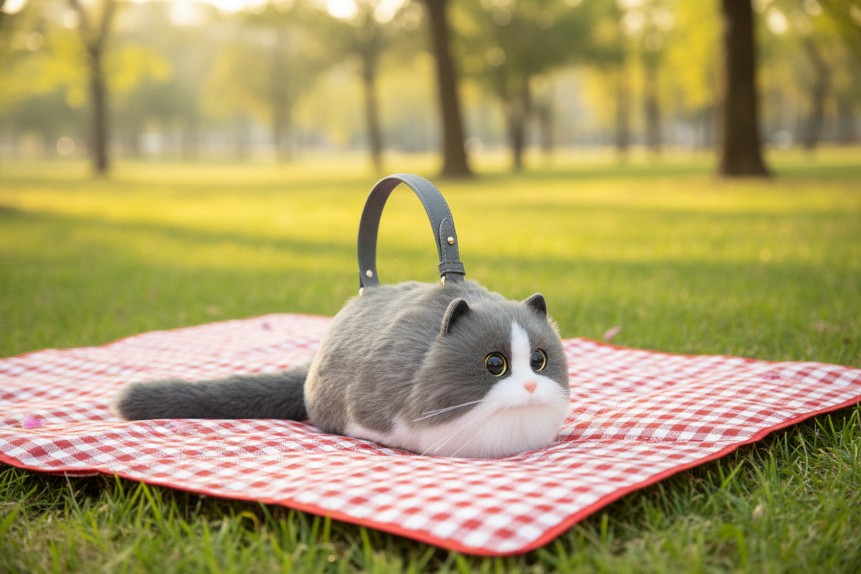 Realistic Grey and White Faux Fur Cat Bag - Floral Fawna