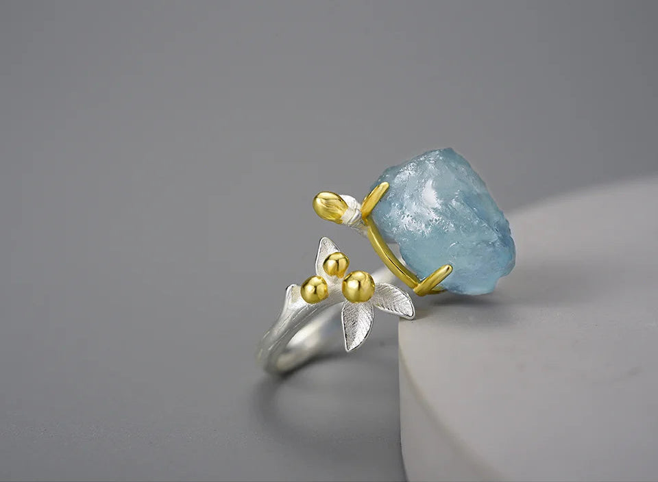 Sterling Silver Aquamarine Flower Ring - Floral Fawna