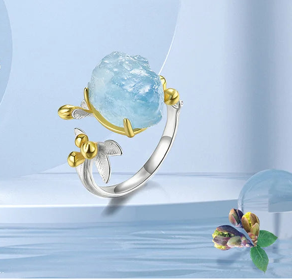 Sterling Silver Aquamarine Flower Ring - Floral Fawna