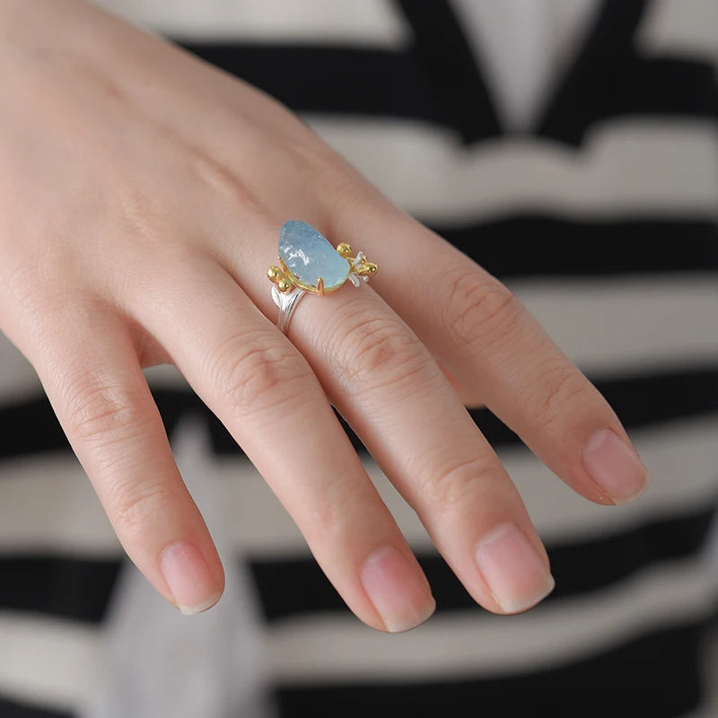 Sterling Silver Aquamarine Flower Ring - Floral Fawna