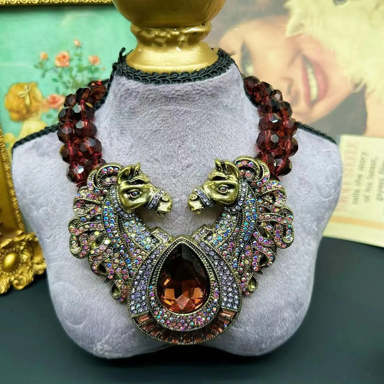 Two Headed Horse Statement Jewellery Set - Floral Fawna