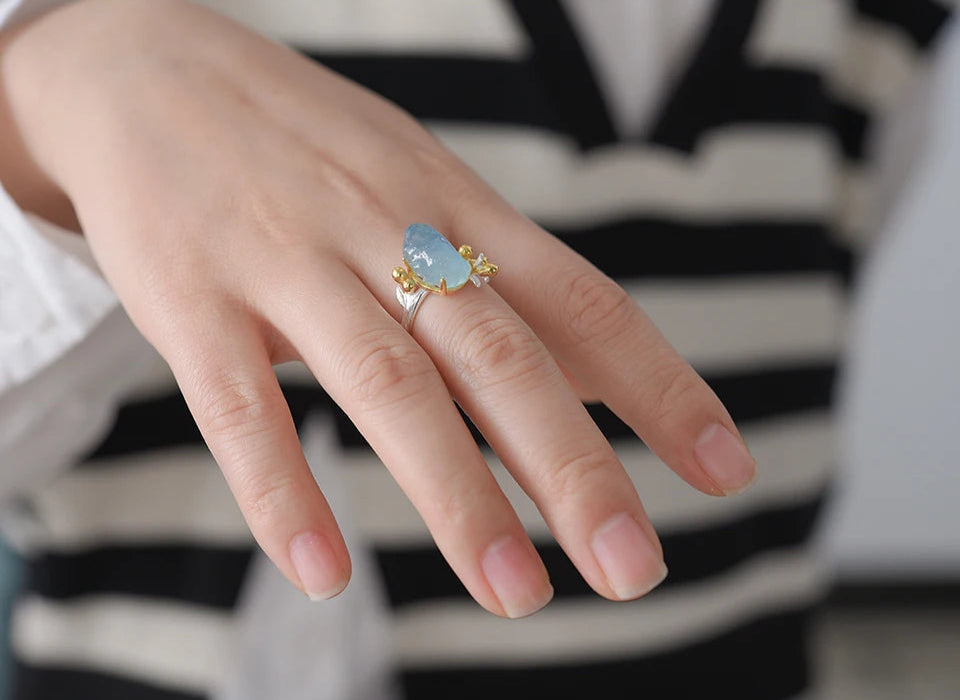 Sterling Silver Aquamarine Flower Ring - Floral Fawna