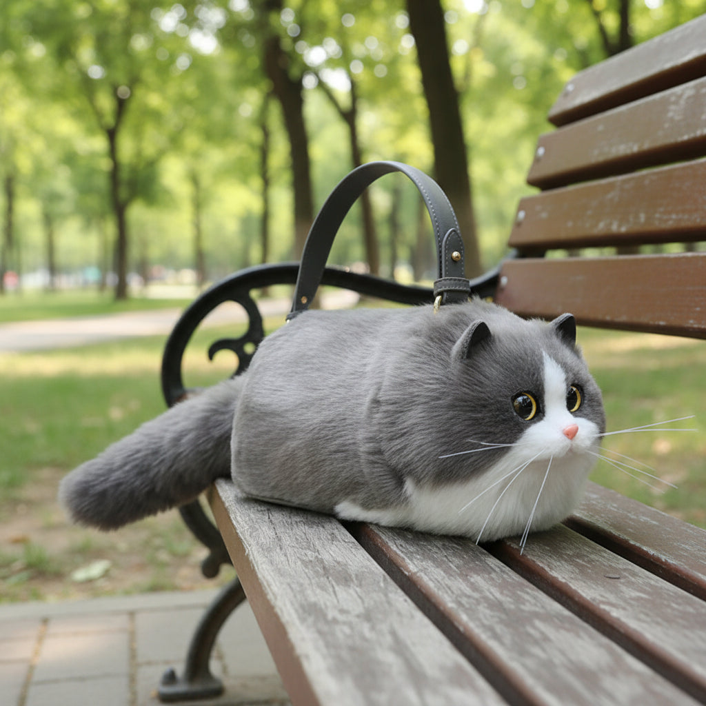 Realistic Grey and White Faux Fur Cat Bag - Floral Fawna