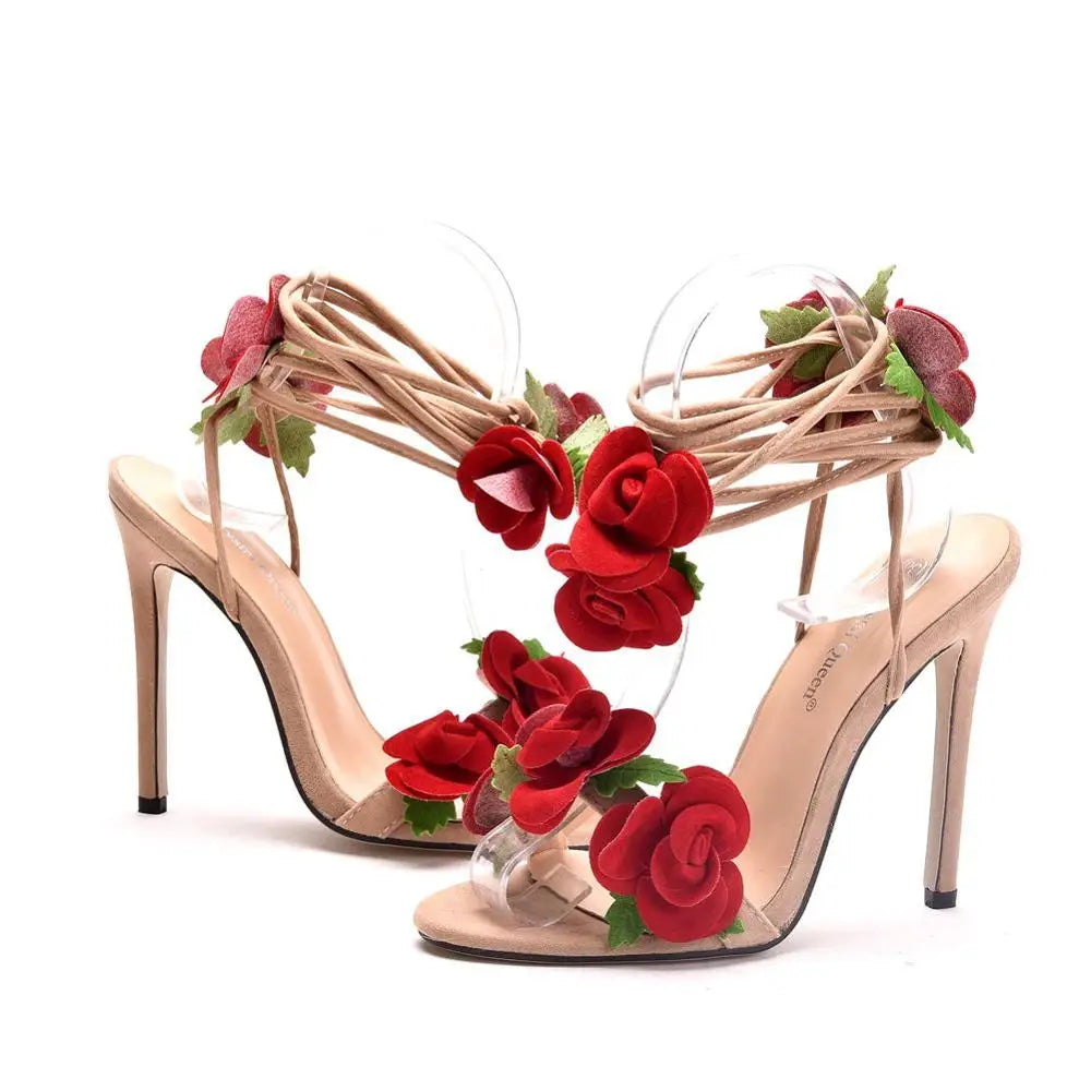 Rose Lace Up Stilettos - Floral Fawna