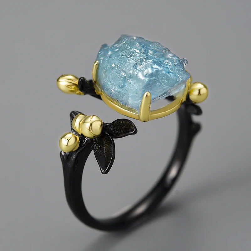 Sterling Silver Aquamarine Flower Ring - Floral Fawna