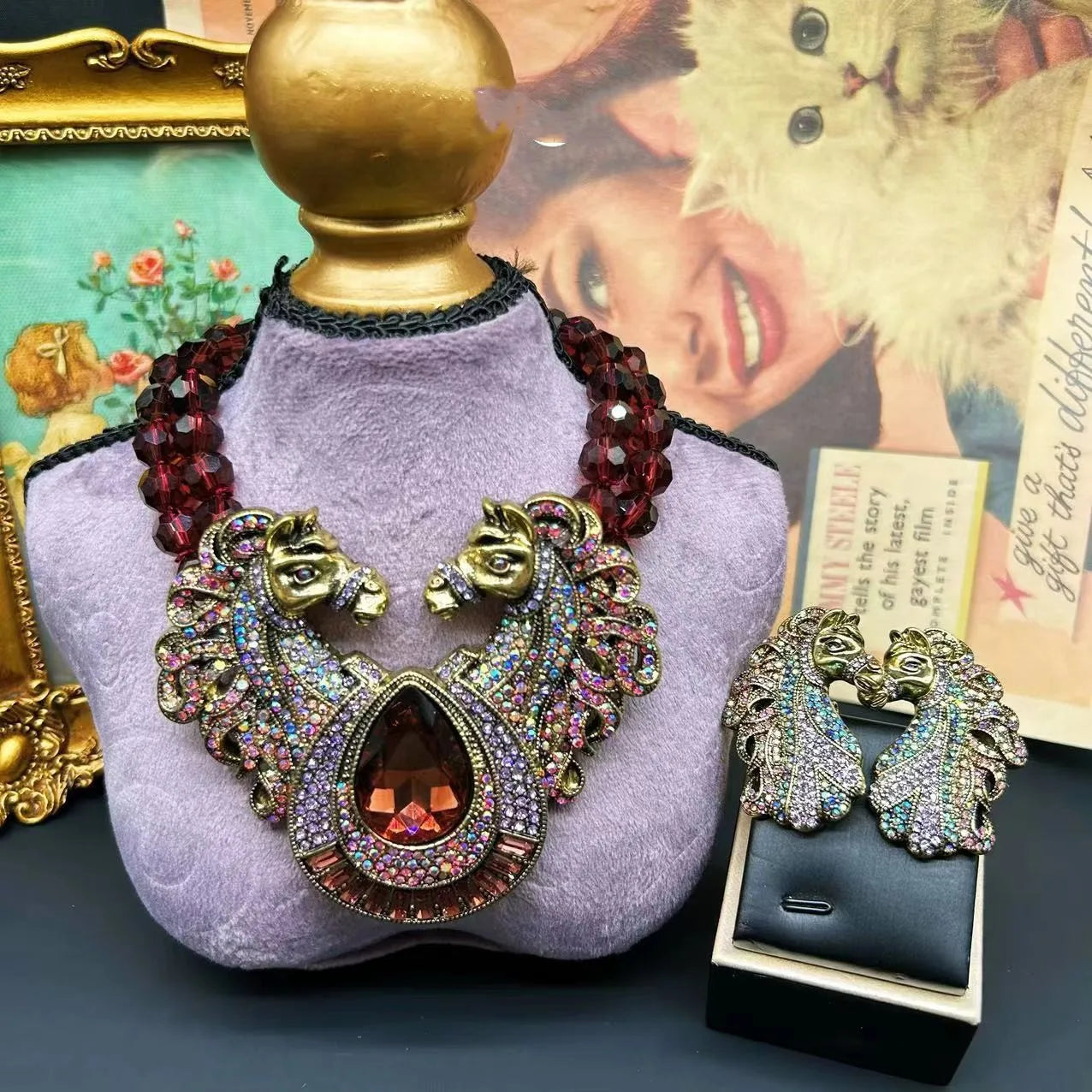 Two Headed Horse Statement Jewellery Set - Floral Fawna