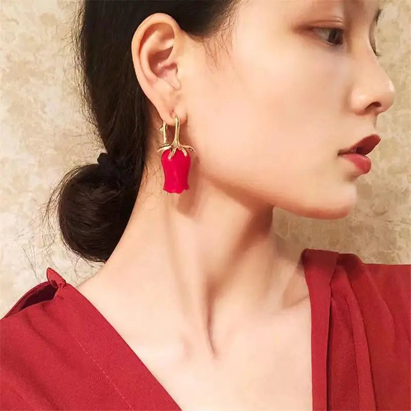 Dangle Red Tulip Earrings - Floral Fawna