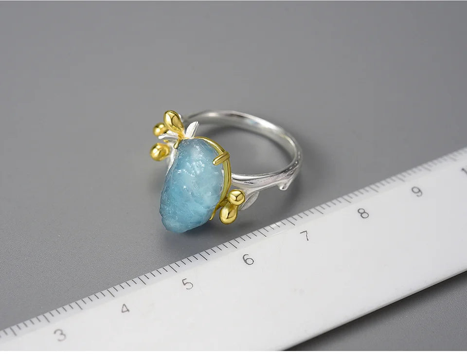 Sterling Silver Aquamarine Flower Ring - Floral Fawna