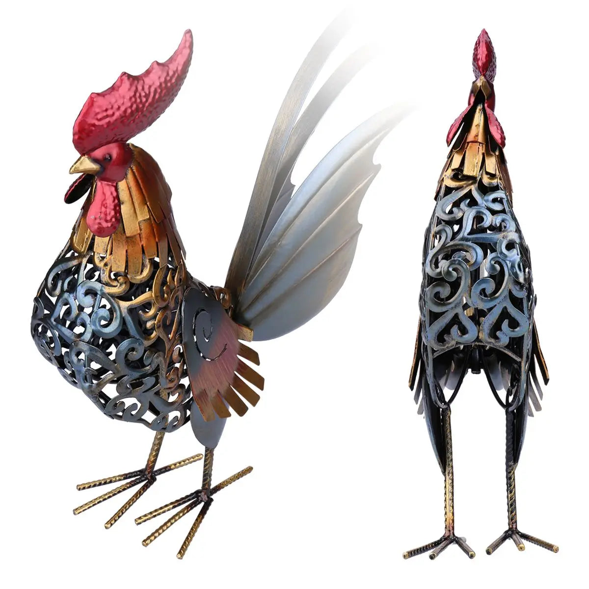 Metal Rooster Sculpture - Floral Fawna