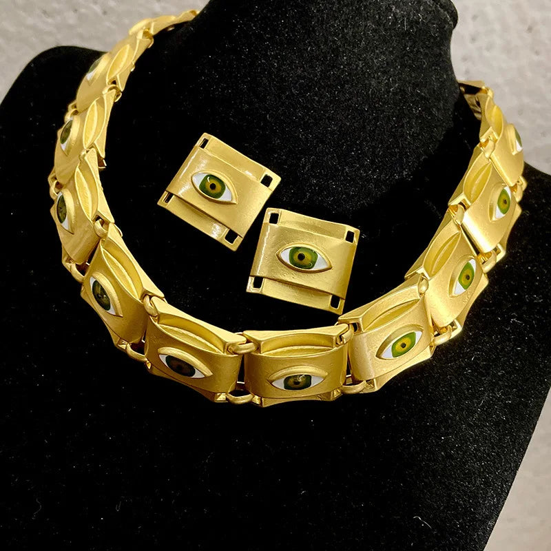 Gold Square Eye Necklace & Earrings Set - Floral Fawna