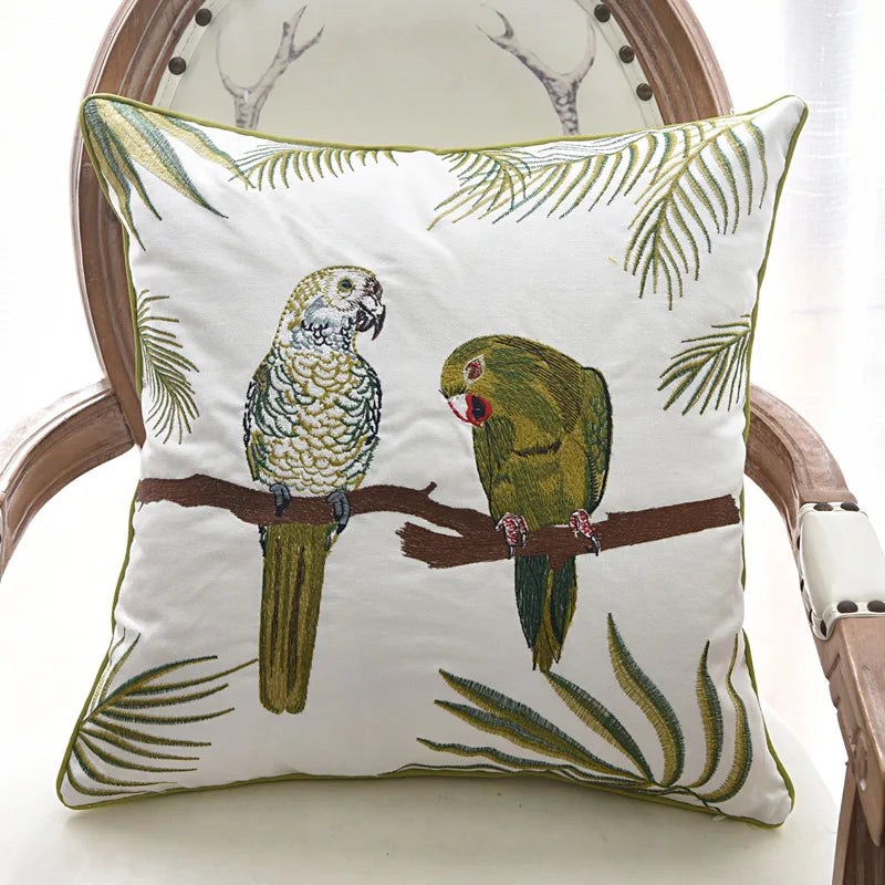 Parrot Embroidered Cushion Cover