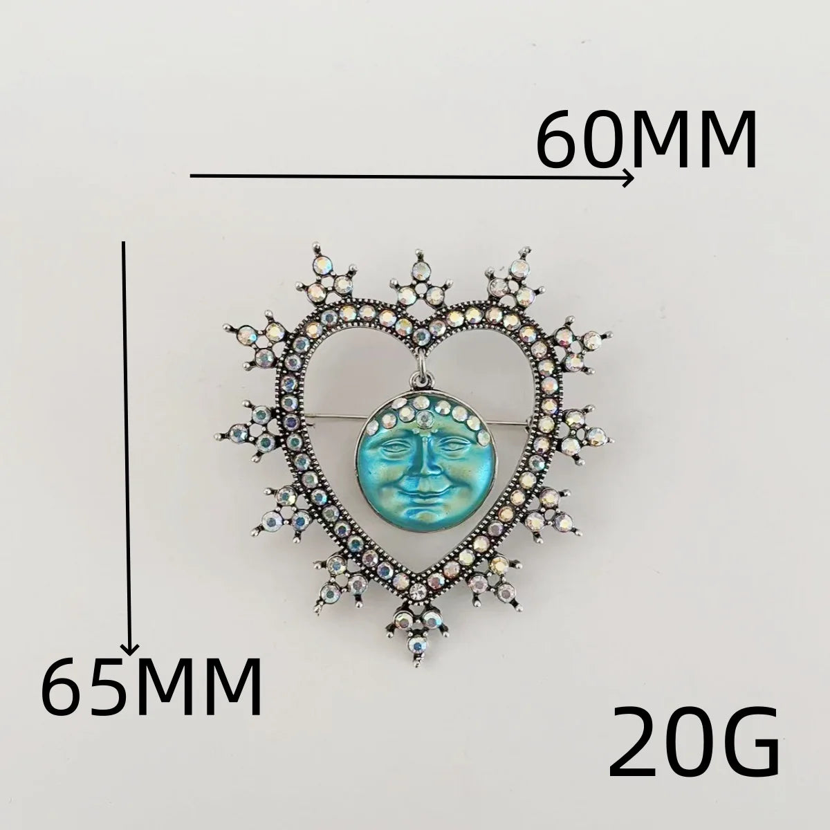 Rhinestone Heart & Moon Face Brooch - Floral Fawna