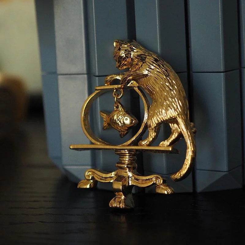 Antique Style Cat Fishing Brooch - Floral Fawna