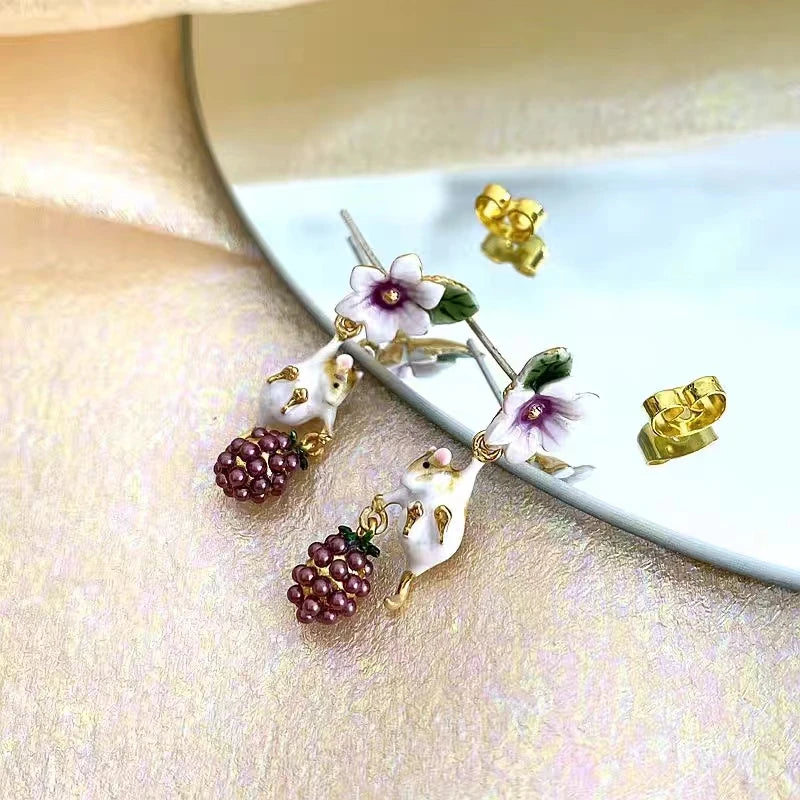 Vole & Raspberry Dangle Earrings - Floral Fawna