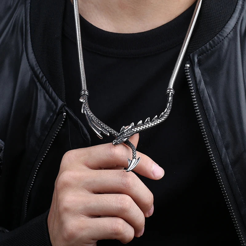 Steel 3D Dragon Necklace - Floral Fawna