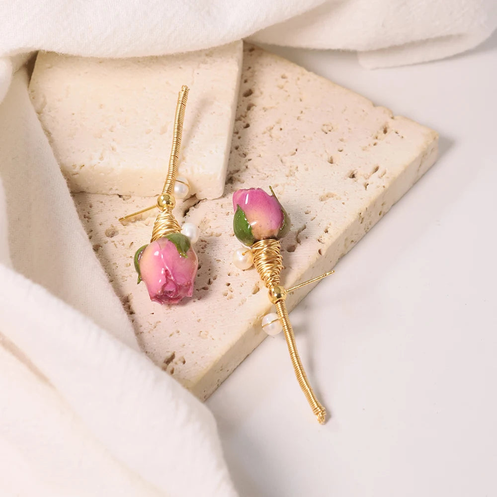 Pearl & Rose Drop Earrings - Floral Fawna