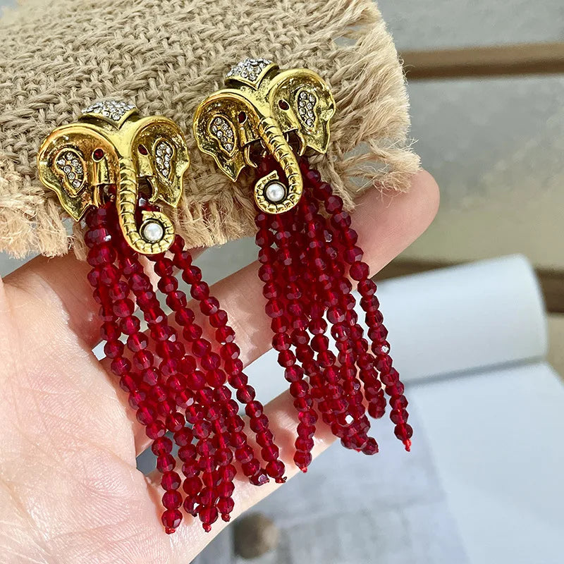 Gold Elephant Tassel Earrings - Floral Fawna