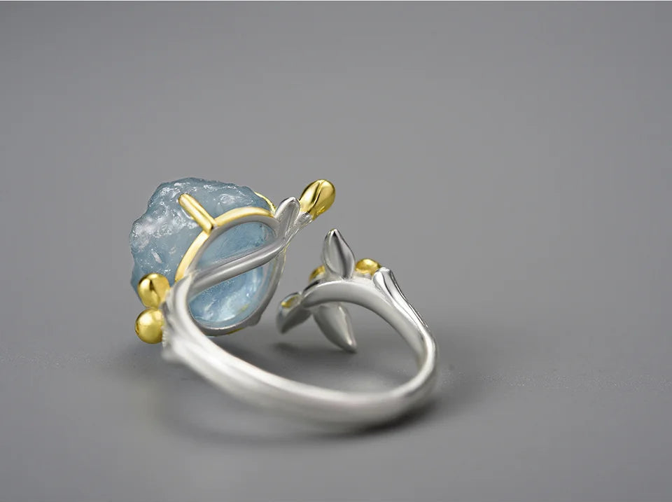 Sterling Silver Aquamarine Flower Ring - Floral Fawna