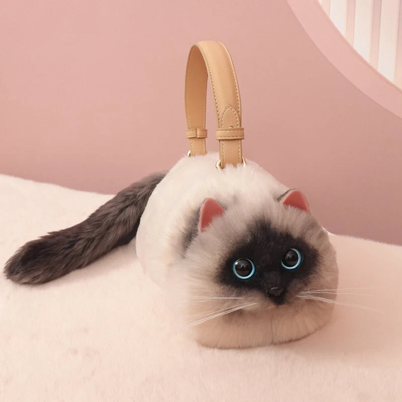 Realistic Faux Fur Siamese Cat Bag - Floral Fawna