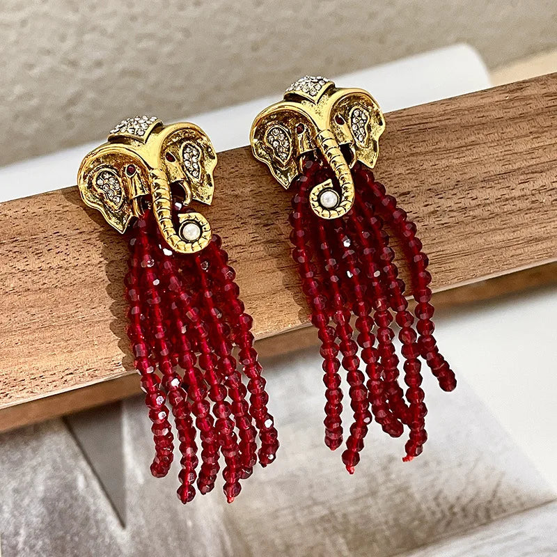 Gold Elephant Tassel Earrings - Floral Fawna