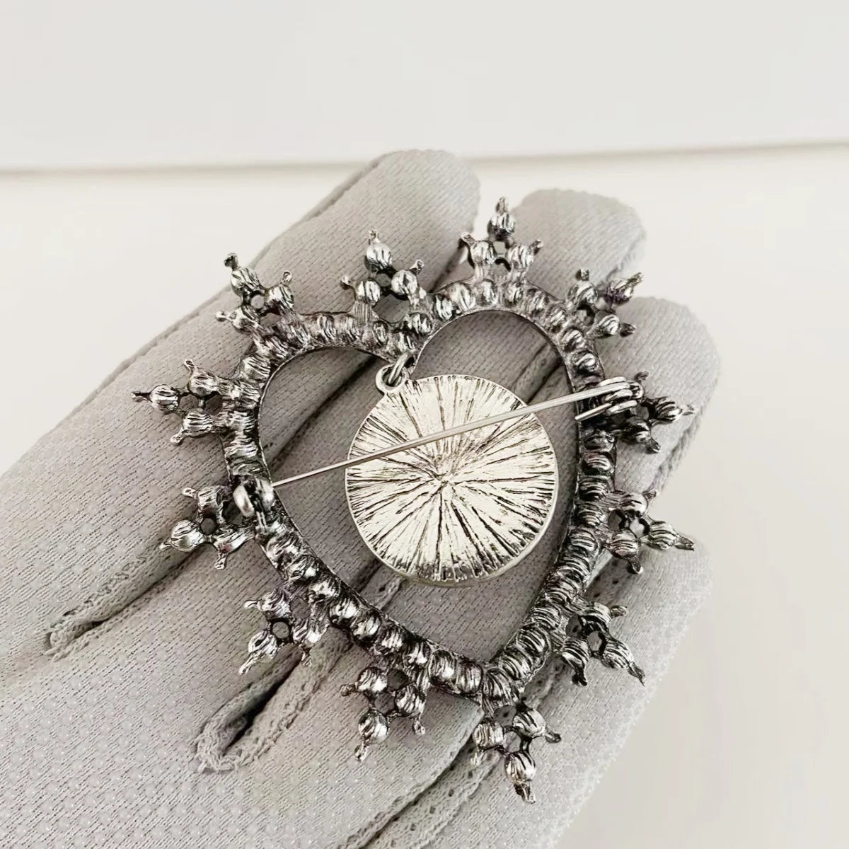 Rhinestone Heart & Moon Face Brooch - Floral Fawna