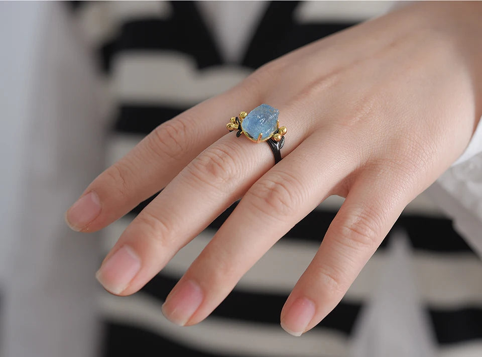 Sterling Silver Aquamarine Flower Ring - Floral Fawna