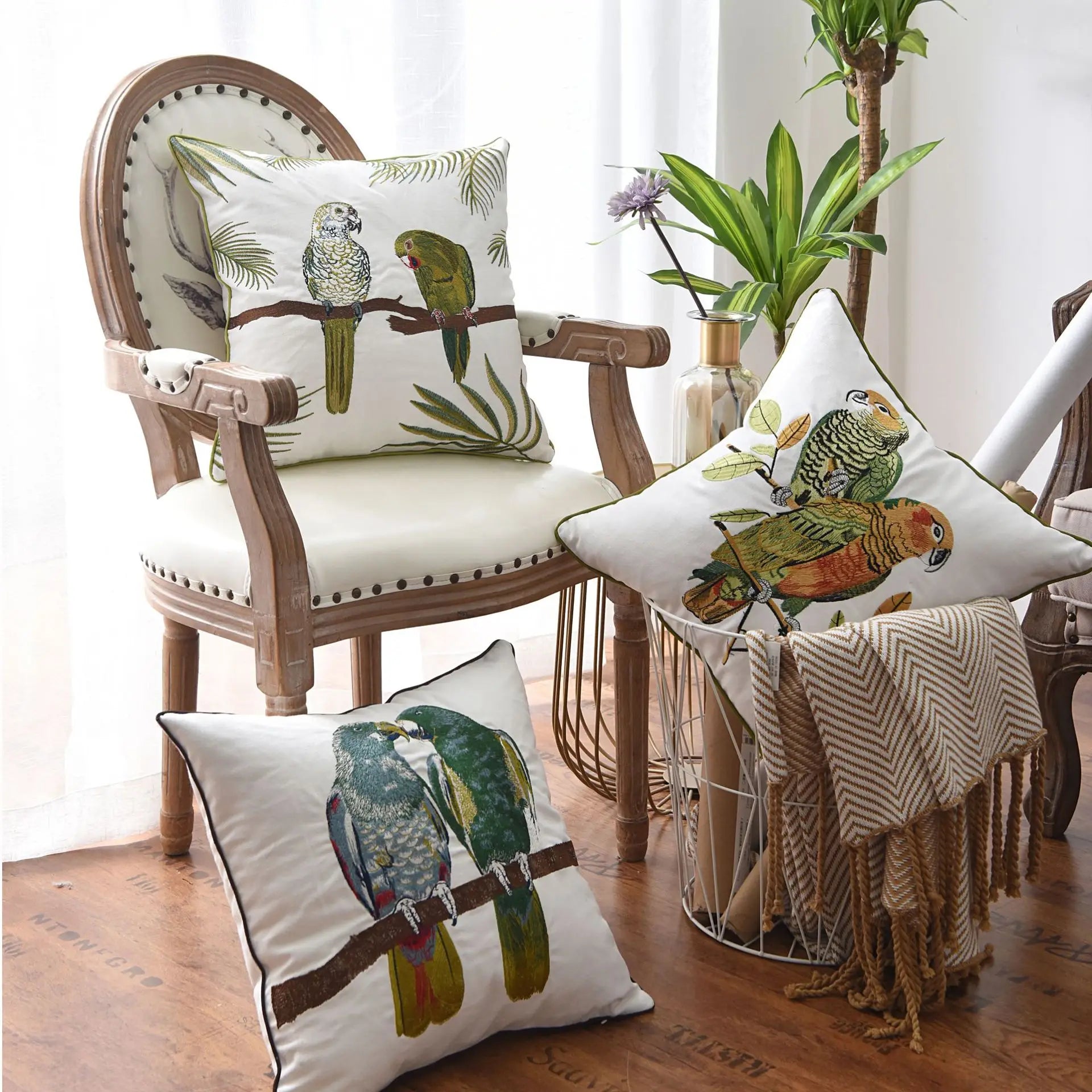 Parrot Embroidered Cushion Cover