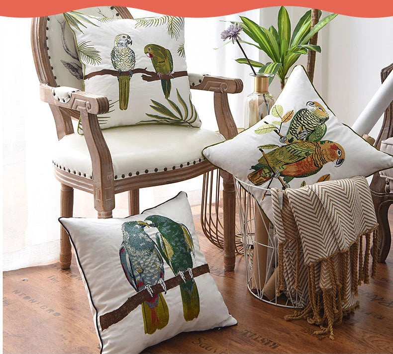 Parrot Embroidered Cushion Cover