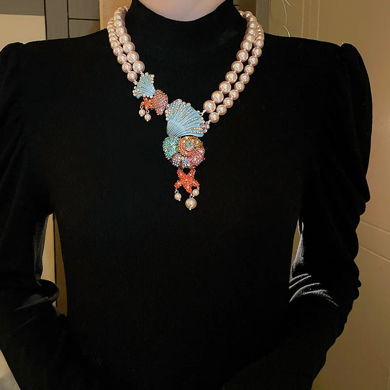 Rhinestone Shell & Starfish Double Pearl Necklace & Rhinestone Sea Shell & Ammonite Earrings Set - Floral Fawna